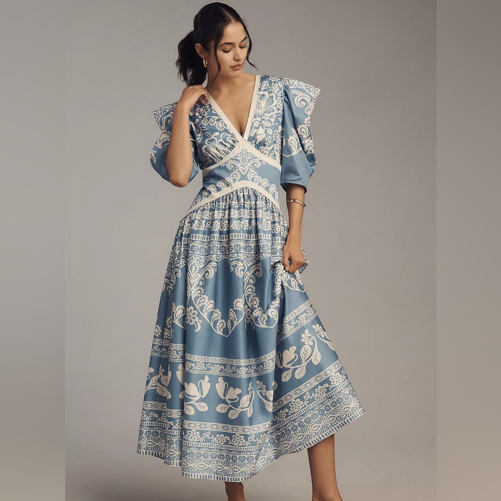 Farm Rio x Anthropologie Printed V-Neck Puff-Sleeve Maxi Dress new XS